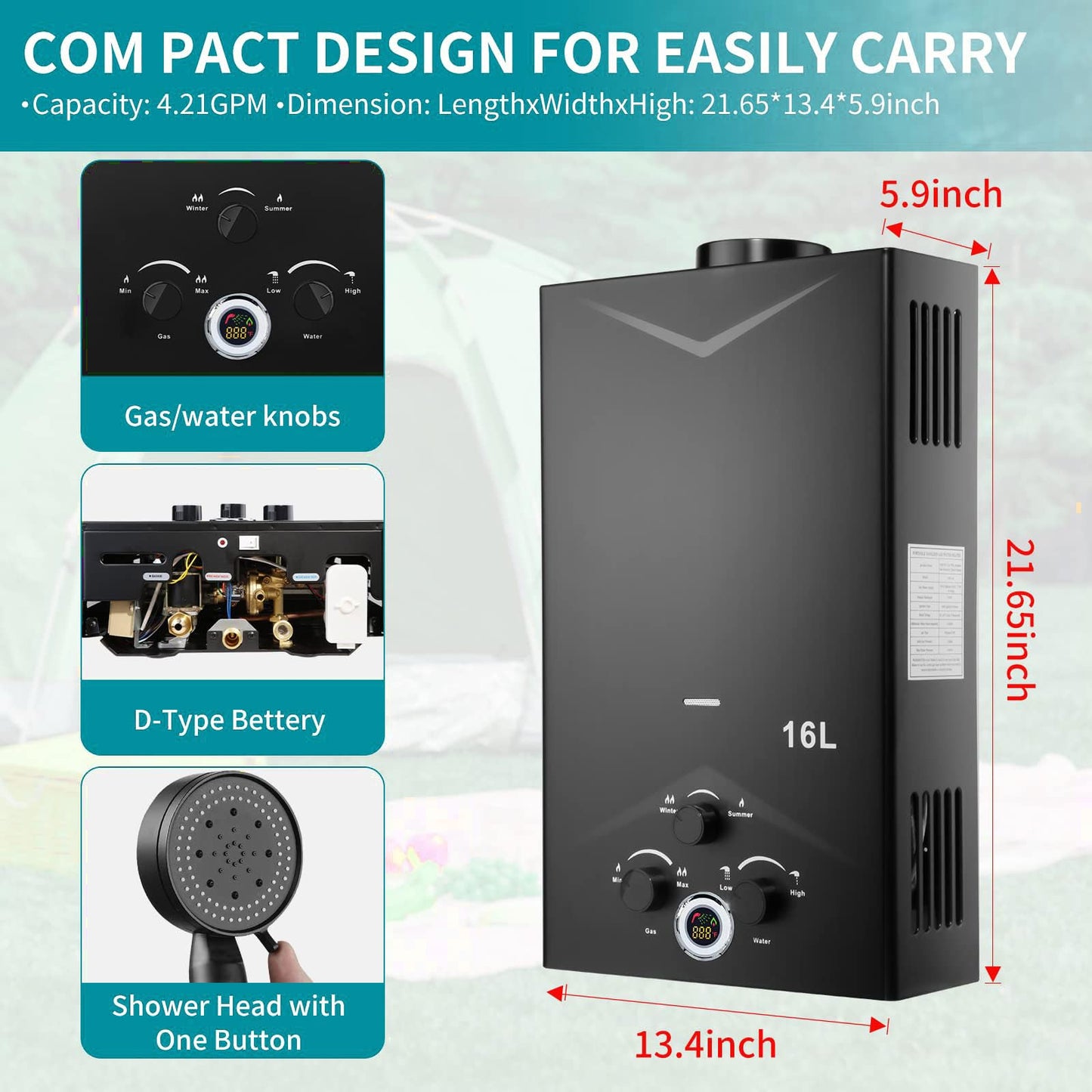 Tankless Water Heater 4.21GPM 16L Instant Propane Water Heater Outdoor Portable Gas Hot Water Heater with Digital Display & Multi-Protection for Camping Trips, Boat Cabins