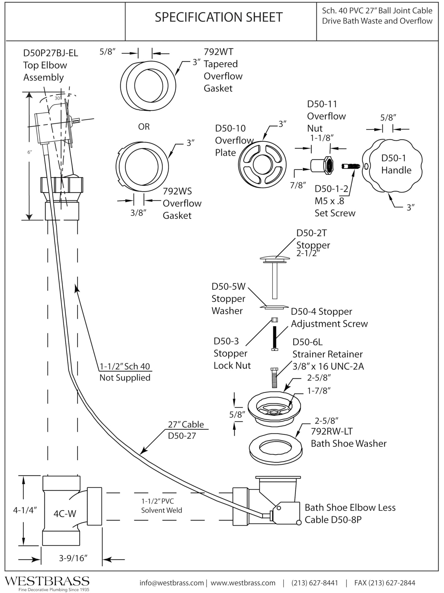 Westbrass Sch. 40 PVC 27 in. Cable Drive Bath Waste - Ball Joint Head, Satin Nickel, D50P27BJ-07
