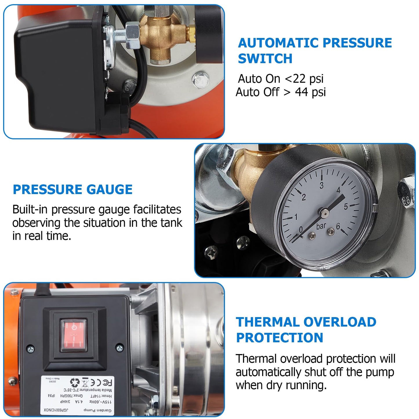 GarveeTech 1.6HP Shallow Well Pump With Pressure Tank, Stainless Steel Water Transfer Pump, 115V Water Pump With Automatic Pressure Switch, Electric Utility Pump for Garden, Pool, Well, Irrigation