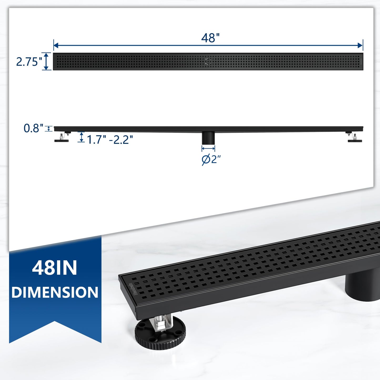 Neodrain 48-Inch Black Linear Shower Drain with Removable Quadrato Pattern Grate, heavy duty 304 Stainless Steel Rectangle Shower Floor Drain, linear drain with Leveling Feet,Hair Strainer,Matte Black