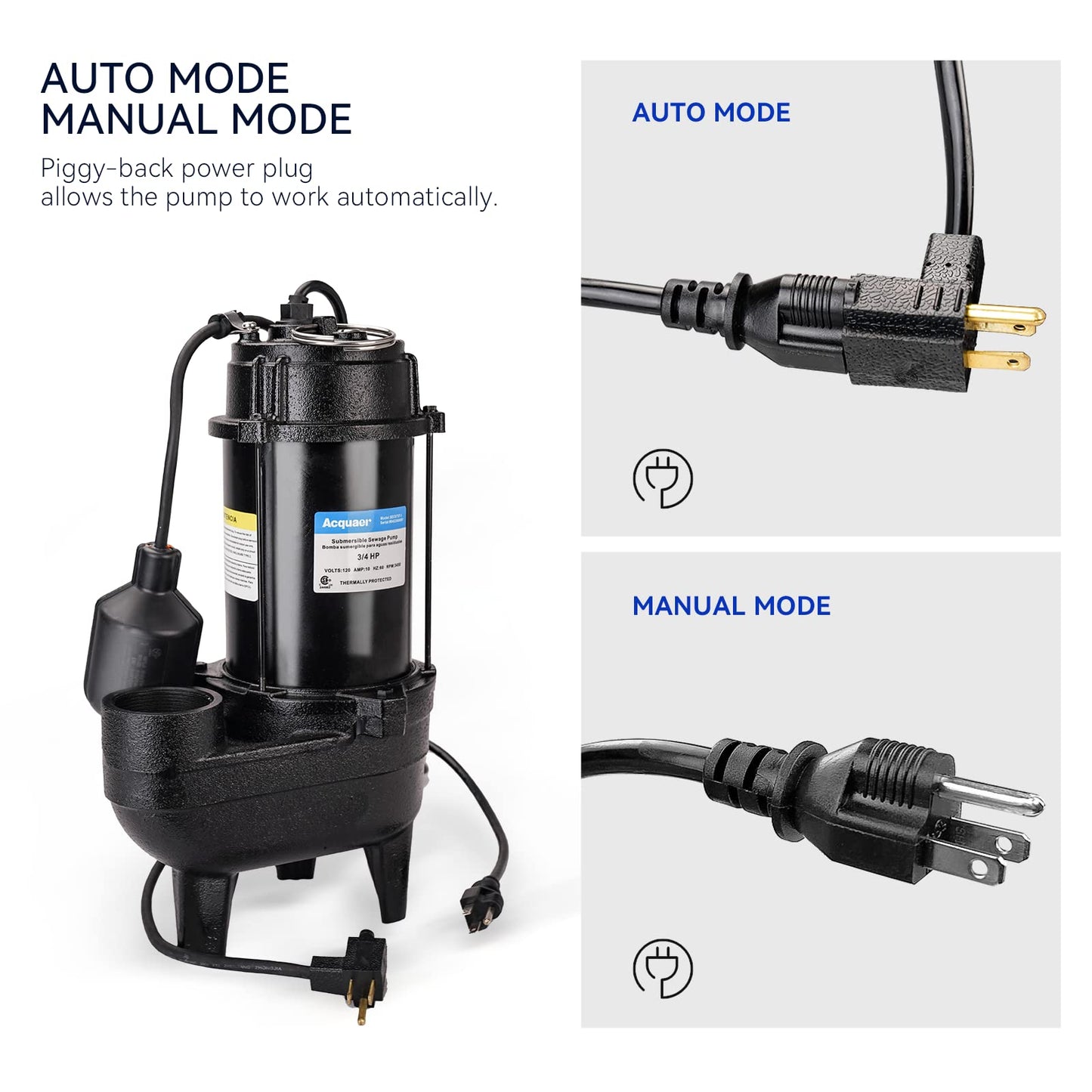 Acquaer Sewage Pump, Cast Iron, Automatic Tethered Float Switch, Sewage Effluent Pump for Sump Basin, Basement, Residential Sewage, 2'' NPT Discharge, Dark