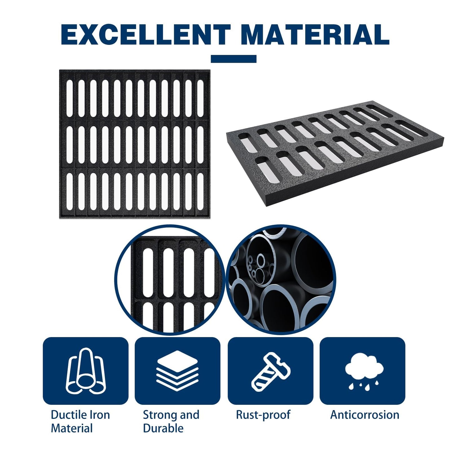 Cast Iron Drain Grate, 29.5in*17.7in Outdoor Drain Cover, B125 Class Ductile Iron Channel Drainage Grates, Heavy Duty Sewer Grate,Black Rectangle Drain Grate for Yard,Driveway,Concrete Floor.