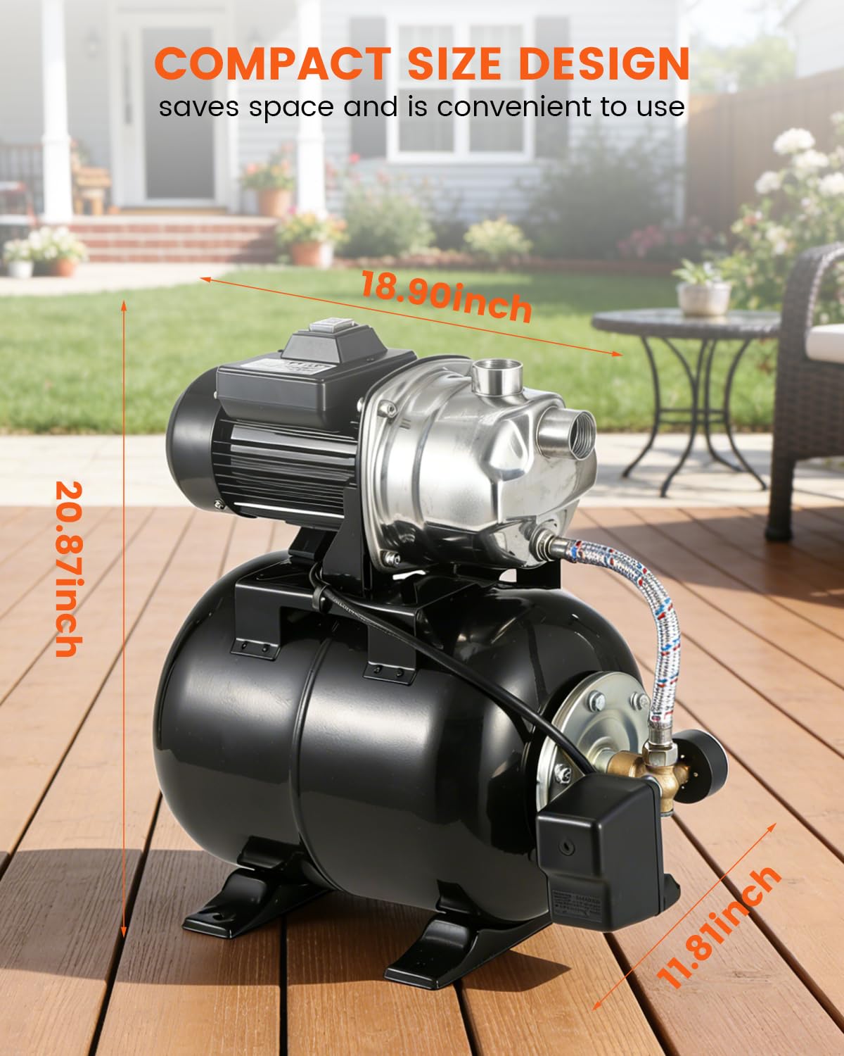 Powerful 1.6HP Shallow Well Pump with Pressure Tank, 1320GPH High Flow, 164ft Max Head, Stainless Steel Construction, Auto Pressure Switch - Ideal for Home/Farm/Garden/Yard Water Supply (Black)