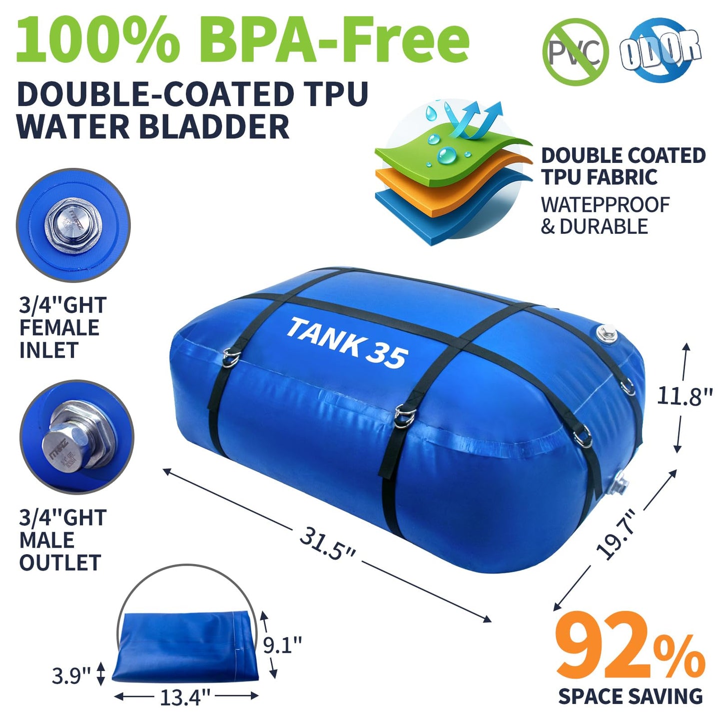 TPU Water Storage Bladder, 35 Gallon Portable RV Fresh Water Tank, Food Grade BPA Free Collapsible Flexible Container for Drinking, Camping, Irrigation & Emergency-Hurricane, Drought, Fire (3/4” GHT)