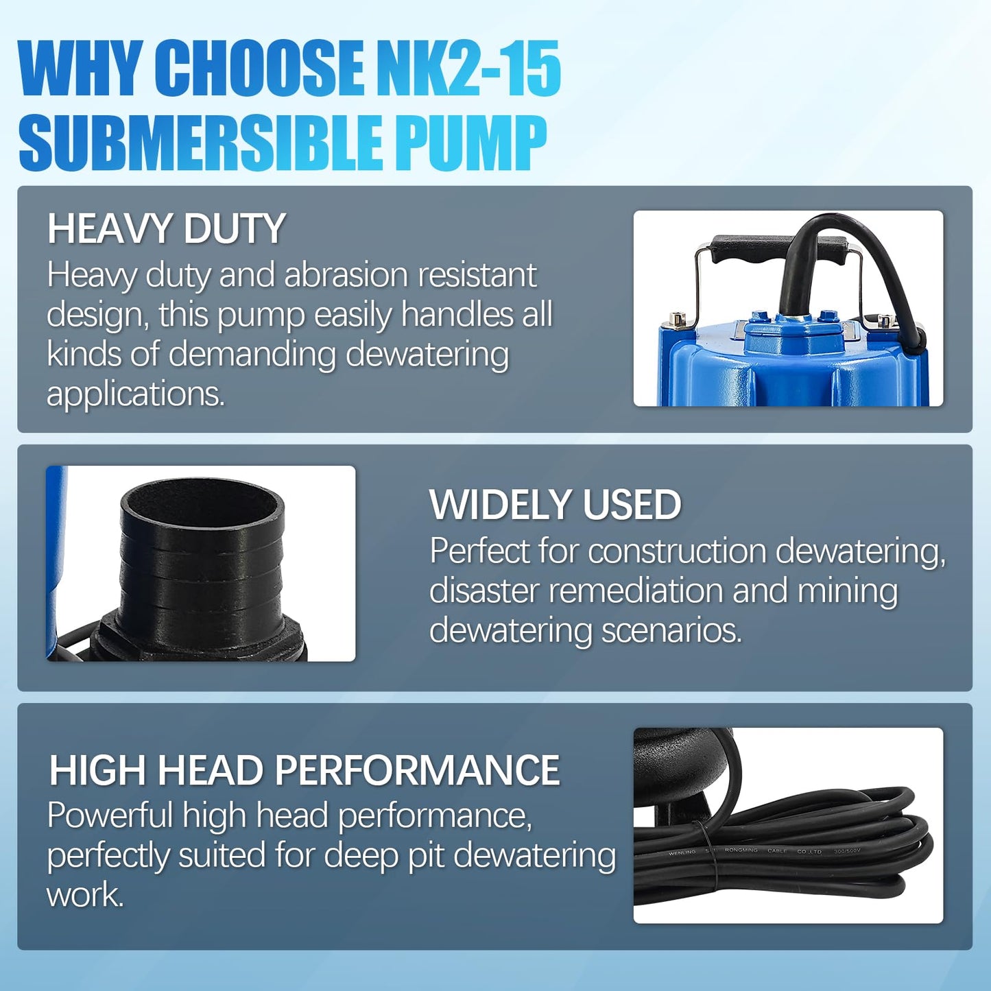 NK2-15 2 HP 110 V 3 in Discharge Electric Submersible Pump Replacement for NK2-15 Sewage Effluent Dewatering Pump Single Phase 110 GPM / 6600 GPH 3420 RPM