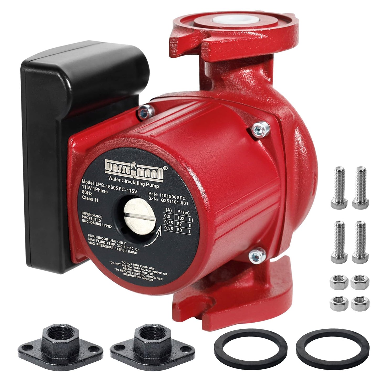 WASSERMANN Cast Iron Circulator Pump for Boiler System 115V 3-Speed Hot Water Recirculating Pump with 1" NPT Flange for Hydronic Heat System Wood Burner Radiant Heater Replace 007-F5-7IFC UPS15-58FC