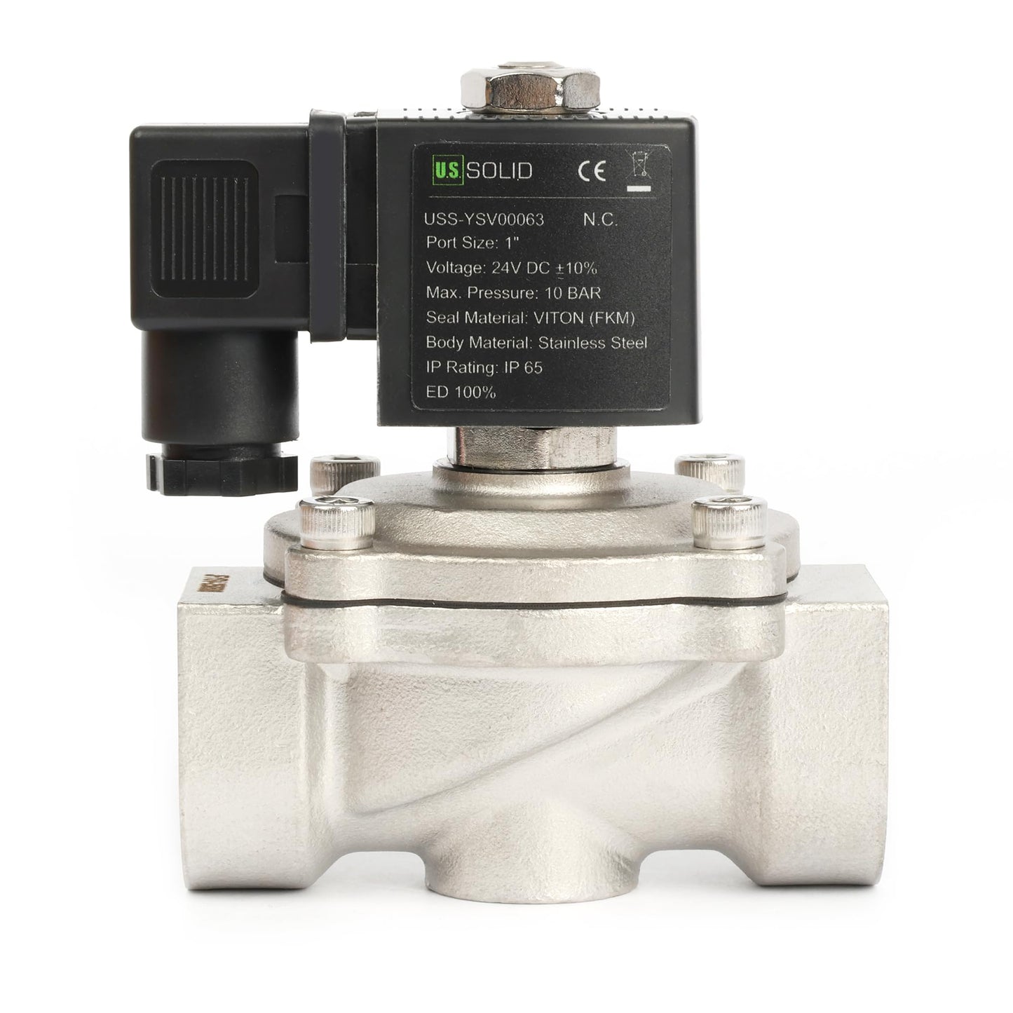 U.S. Solid 1" Stainless Steel Solenoid Valve - 24V DC, Normally Closed, 145 PSI Electric Valve for Water, Air, Diesel