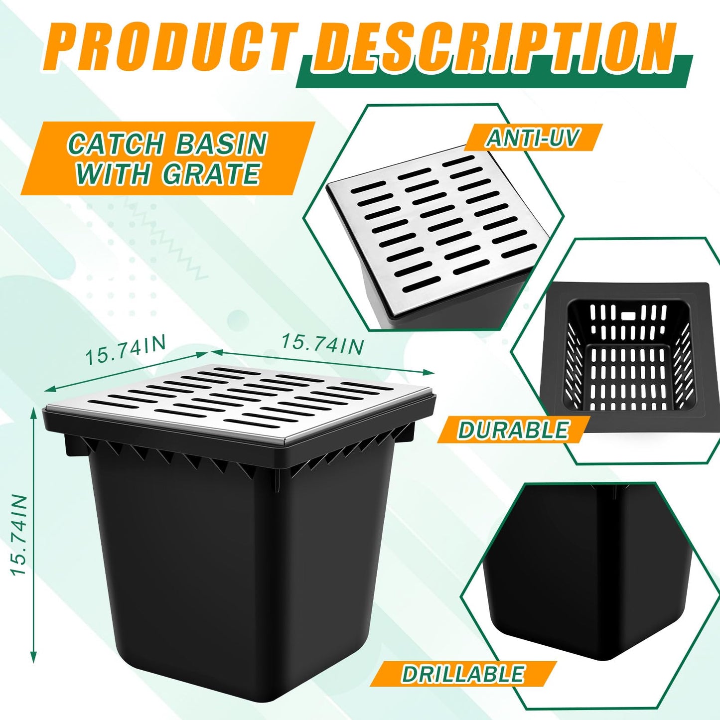 Kritkin18x18x15 Inch Catch Basin with Stainless Steel Grate Square Large Catch Basin for Drainage with Debris Basket French Drain Without Reserved Hole for Yard, Downspout, Municipal Pipeline
