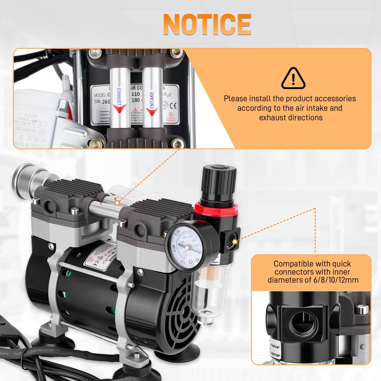 50L/Min Vacuum Pump 2 Holes Oilless Lab Pump with Switch Oil-Water Separator Pressure Gauge Connector Silencer Tape Rubber Feet for Laboratory Industry Home Low Noise and High Vacuum 110V 180w 60Hz