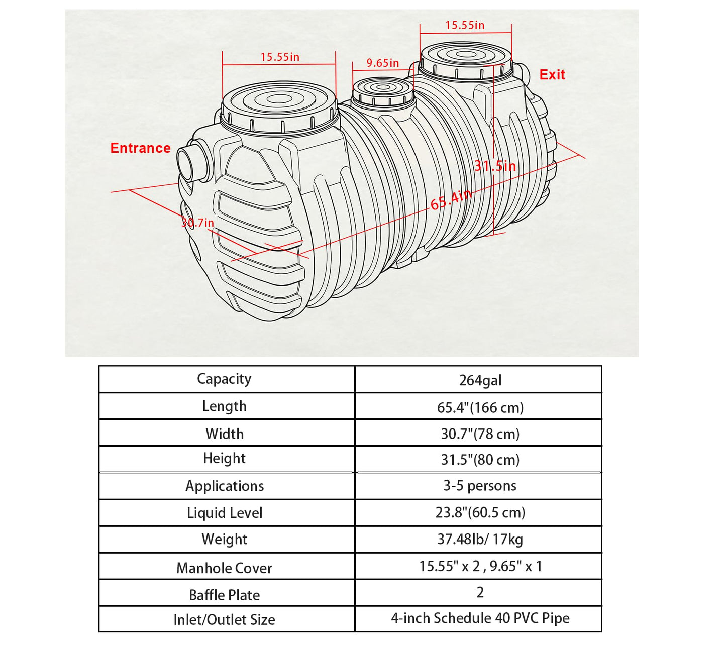 Natotela 264gal Monolithic PE Septic Tank Kit-65.4x30.7x31.5in Plastic Septic Tank System,Rectangle Septic System with Manhole Covers,Anti Corrosion Septic Kit for 3-5 Persons