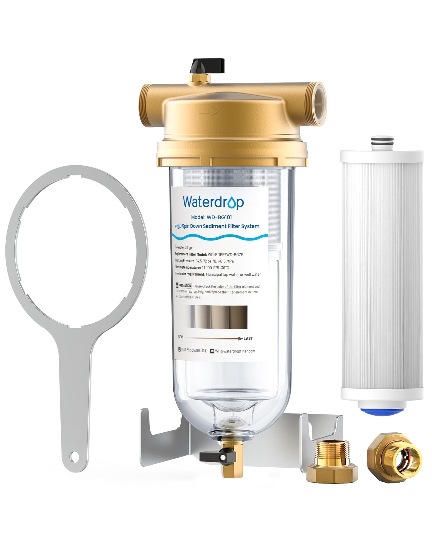 Waterdrop Mega Spin Down Sediment Filter, Reusable Whole House Water Filter System with Larger Capacity, 2 in 1 Dual 100+5 Micron Filtration, Anti-Clogging, 1" MNPT + 3/4" FNPT, BPA Free