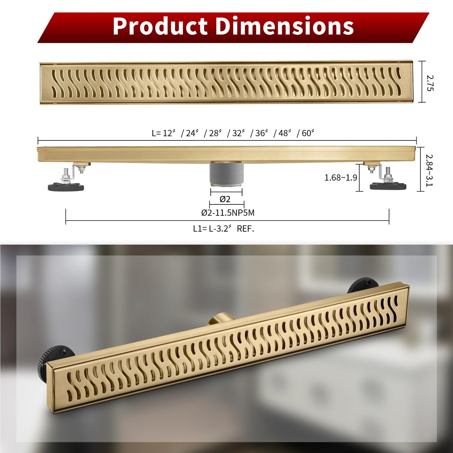 Sharp-tec Linear Shower Drain, 48 inch Shower Drain with Removable Pattern Cover, Brushed Gold 304 Stainless Steel Rectangle Floor Drain, Adjustable Feet and Hair Strainer Included