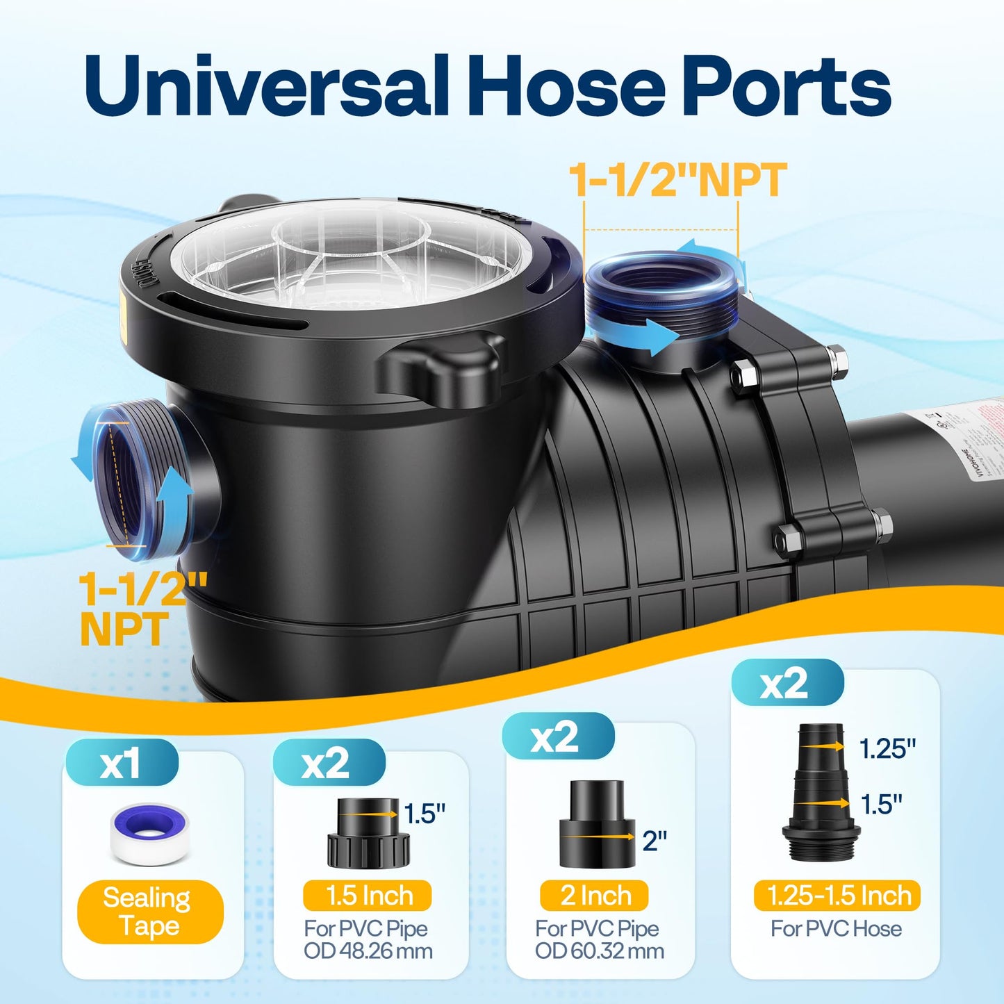 VIVOHOME 2.0HP Pool Pump - 115V/230V Self-Priming Motor - In/Above Ground - 6800GPH Energy Efficient - 1.5", 2", and 1.25"-1.5" Connectors w/Strainer Basket