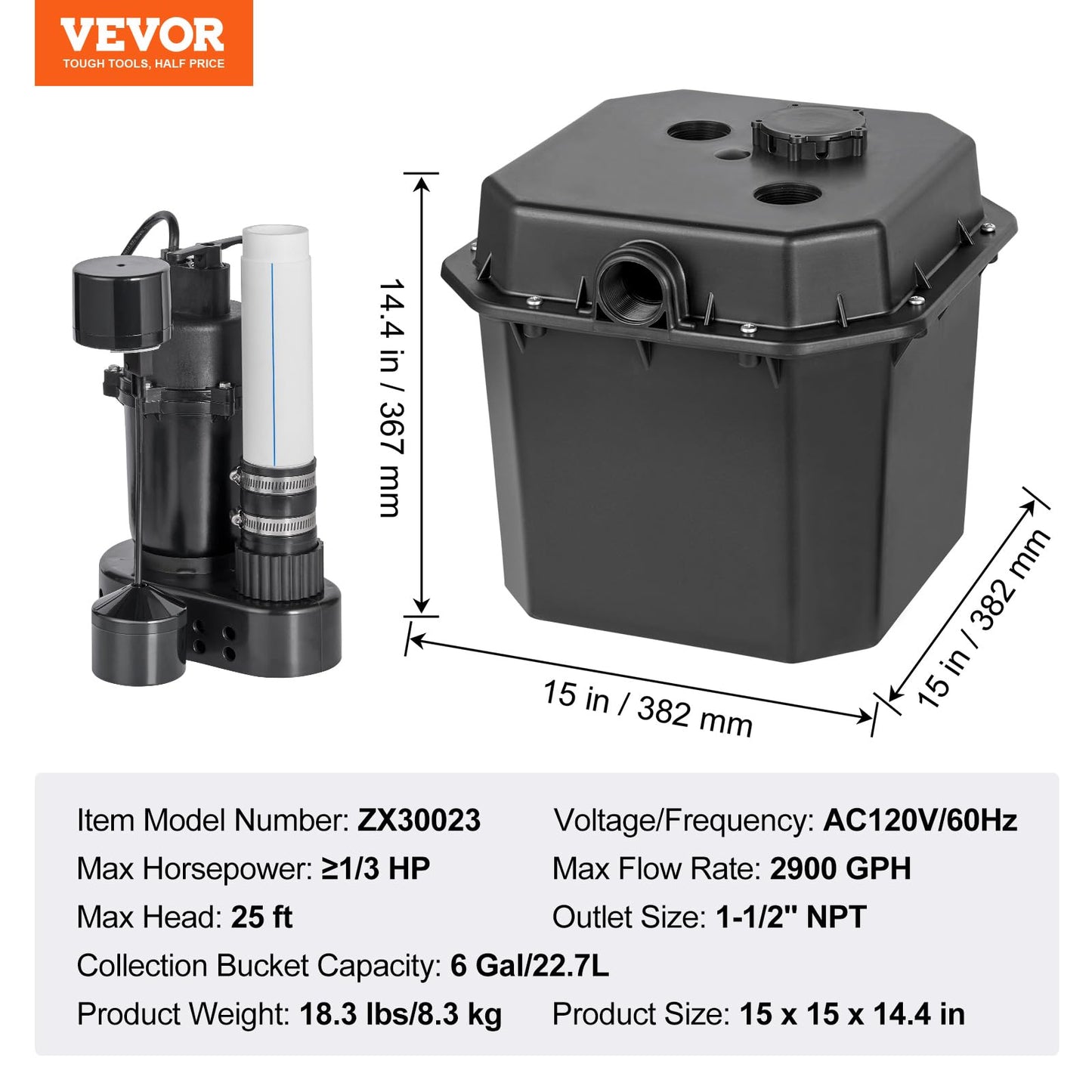 VEVOR Utility Sink Pump, 1/3 HP, 120-Volt, 2900 GPH Flow, 25 ft Head, Under-Sink Sump Pump System with 6 Gallon Basin, for Automatic Utility/Laundry, Drain Pump with 1-1/2" NPT Outlet, Black