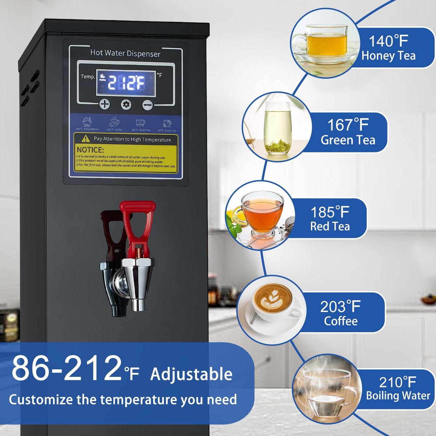 Commercial Hot Water Dispenser Commercial Water Boiler Electric Countertop Hot Water Machine Black 30L(8GAL)/Hour Step-heating Temperature Control 86-212°F for Boba Tea Coffee Office Restaurant 1600W