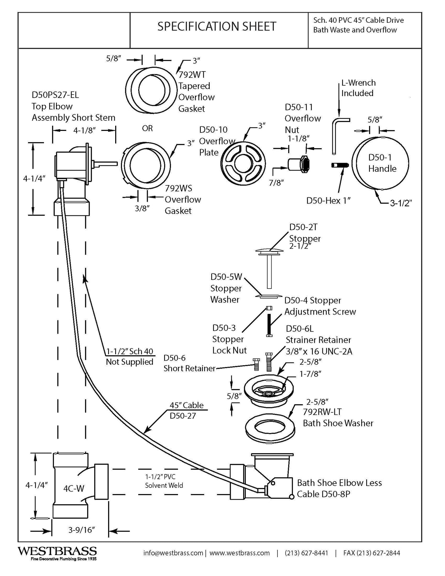 Westbrass A50P45SRE-26 45" Sch. 40 PVC Cable Driven Bath Drain Trim Kit with Rotary Overflow Cover Knob and Pop-Up Stopper, Polished Chrome