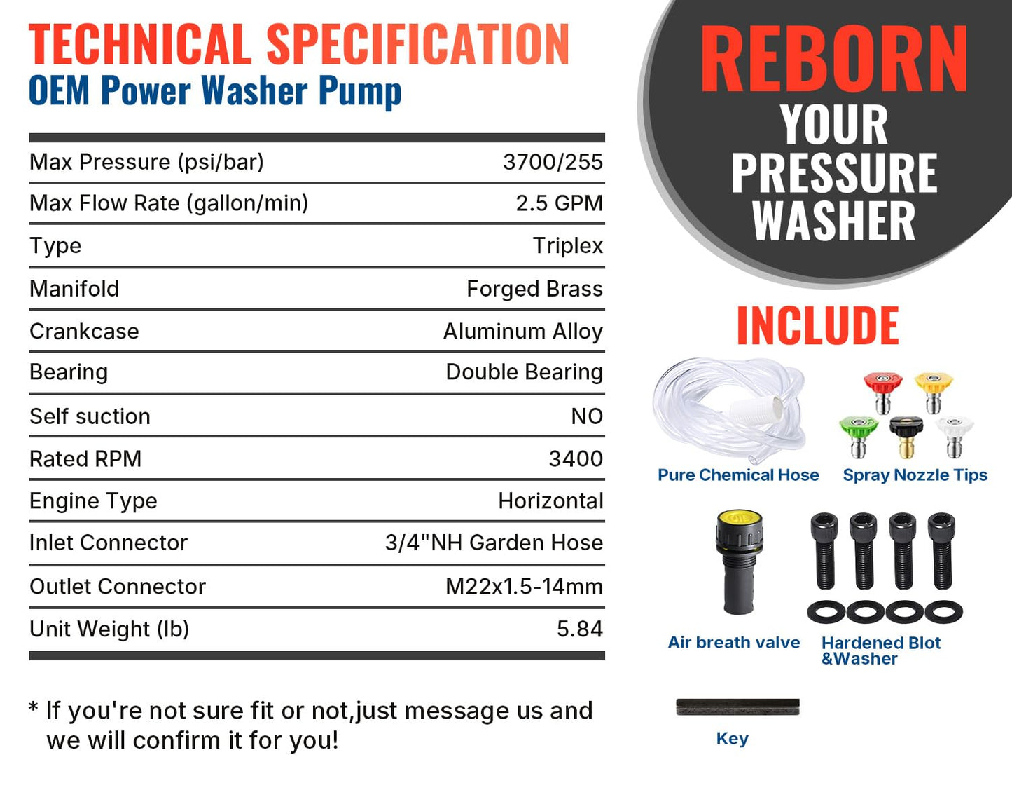 YAMATIC Horizontal Triplex Pressure Washer Pump 3/4" Shaft 2800-3700 PSI @ 2.5 GPM 5-8 HP Replacement Pump Compatible with Honda GC190 GX200 Simpson 90036 40224 40225 40226 Santoprene 41182