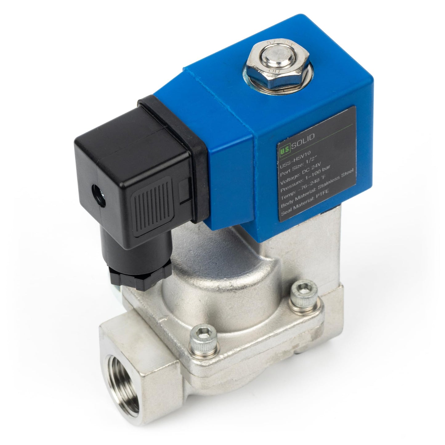 U.S. Solid 1/2" High Pressure Solenoid Valve, 24V DC, Stainless Steel, 100 bar, -76°F to 248°F – Heat-Resistant, High-Pressure Valve for Industrial Use, Water, Gas, Oil and Fluid Control