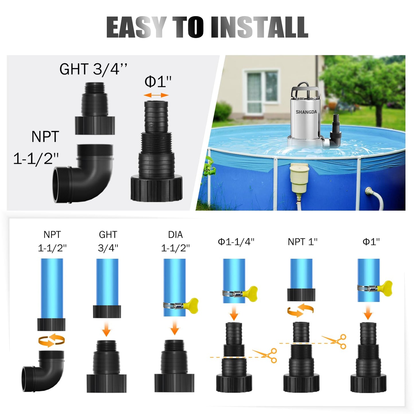 SHANGDA Sump Pump Submersible 1HP Dirty/Clean Water Transfer Pump 4500GPH Portable Electric Water Pump for Pool Draining Hot Tub Flooded Basement Ponds Garden Yard with Adapters