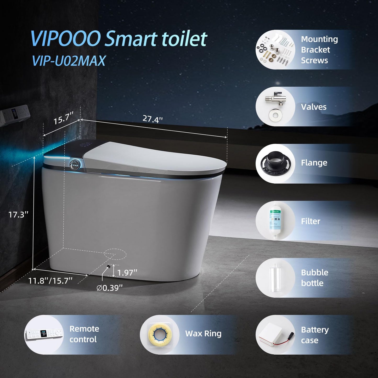 VIPOOO Smart Toilet with Bidet Built In- Auto Open/Close Lid, User Definition, Foot Sensor Flush, Heated Seat, Warm Water Dryer, Electric Power Flush Toilet VIP-U02MAX