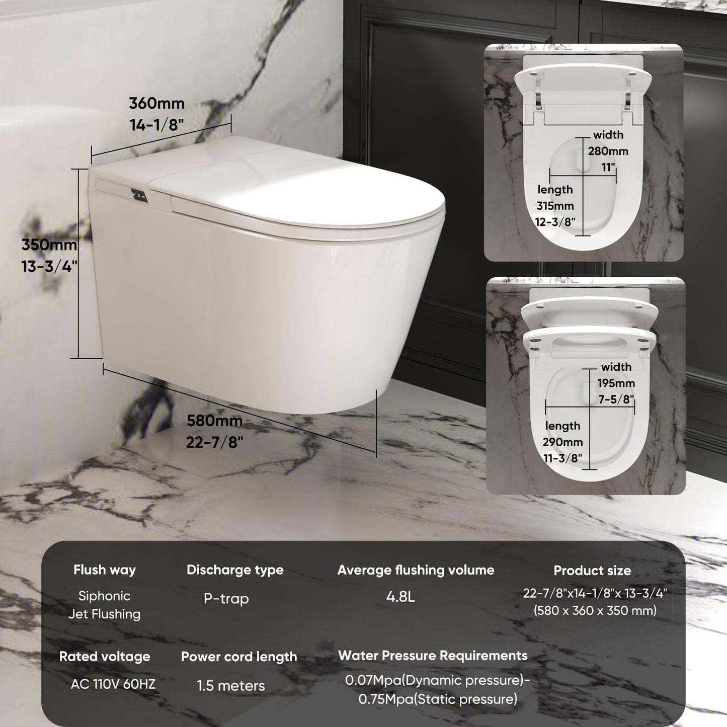 SmartSylva Basic Smart Function Wall Hung Toilet Combo, Built-In Water Tank, Heated Seat,Auto Flush,Foot Sensor Flush,Nightlight, with In-Wall Carrier (No Need to buy an Additional Water Tank)