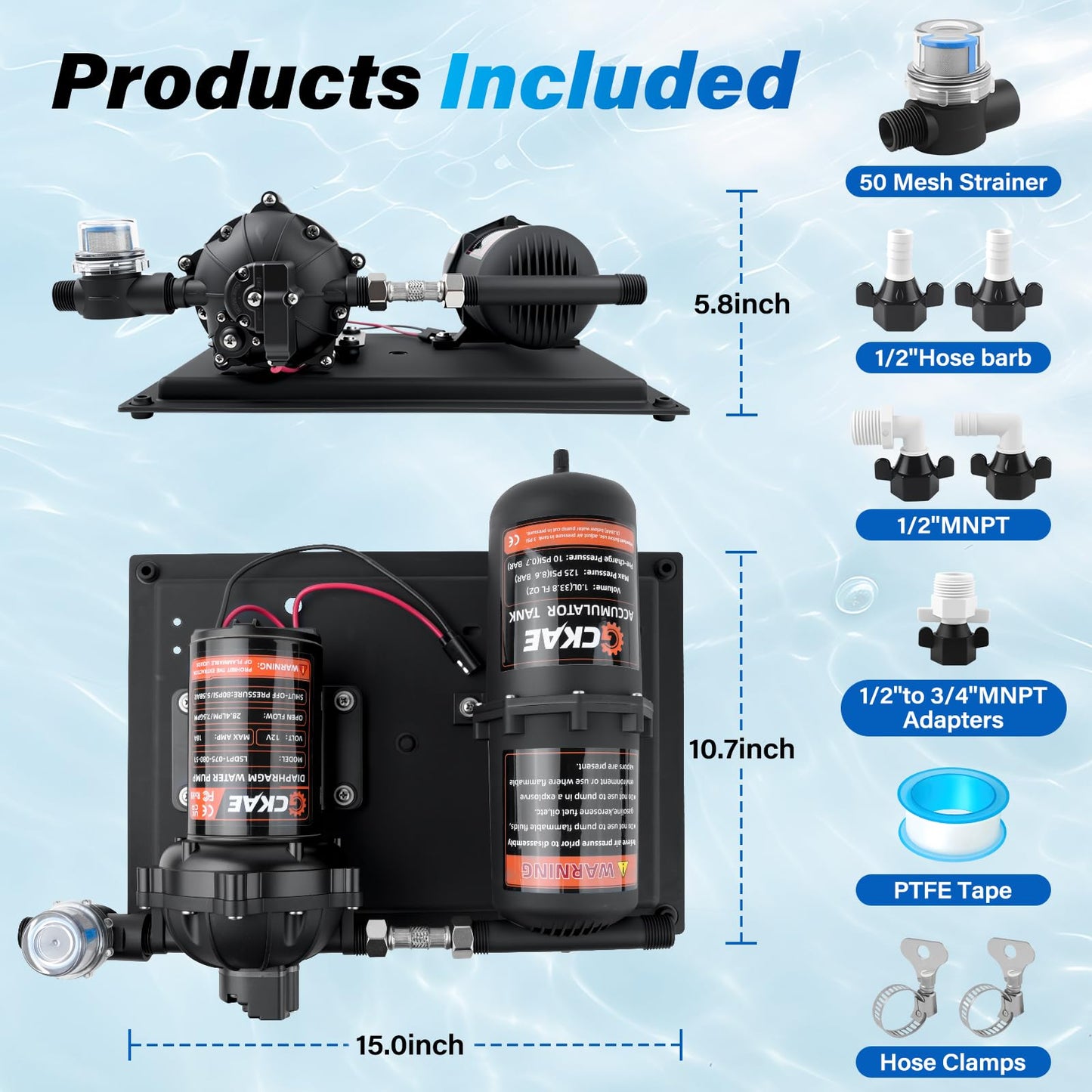 GCKAE RV Water Pump 12V DC 7.5GPM 80PSI and 1L 125PSI Pre-Pressurized Accumulator Tank, Ultra-Quiet Water Pressure System for Homes, RVs, Irrigation & Marine Use