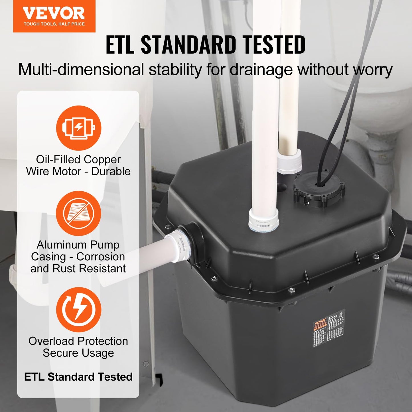 VEVOR Utility Sink Pump, 1/3 HP, 120-Volt, 2900 GPH Flow, 25 ft Head, Under-Sink Sump Pump System with 6 Gallon Basin, for Automatic Utility/Laundry, Drain Pump with 1-1/2" NPT Outlet, Black