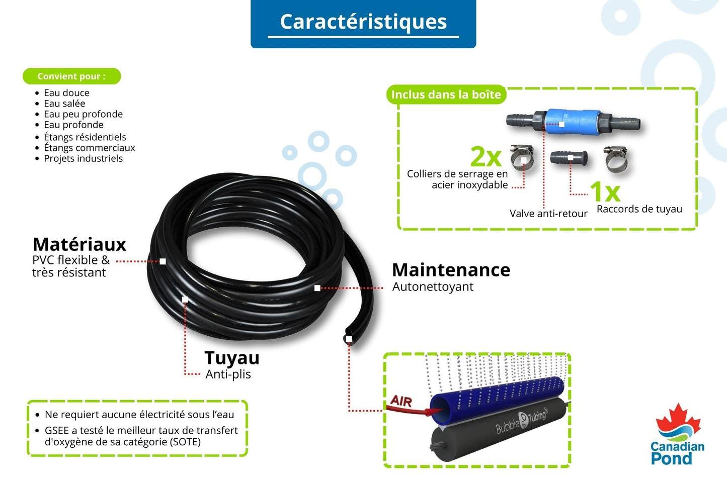 Bubble Tubing (½ in) – Fine bubble self-sinking diffuser airline for pond & water garden aeration | High oxygen transfer, aerates and de-ices ponds, easy installation (100')
