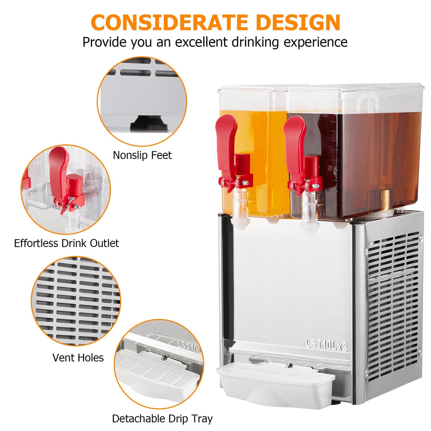 Commercial Beverage Dispenser, Towallmark 2 Tanks 5.28 Gallon 20L Commercial Juice Dispenser, 10 Liter Per Tank, 280W Stainless Steel Food Grade Ice Tea Drink Dispenser with Thermostat Controller