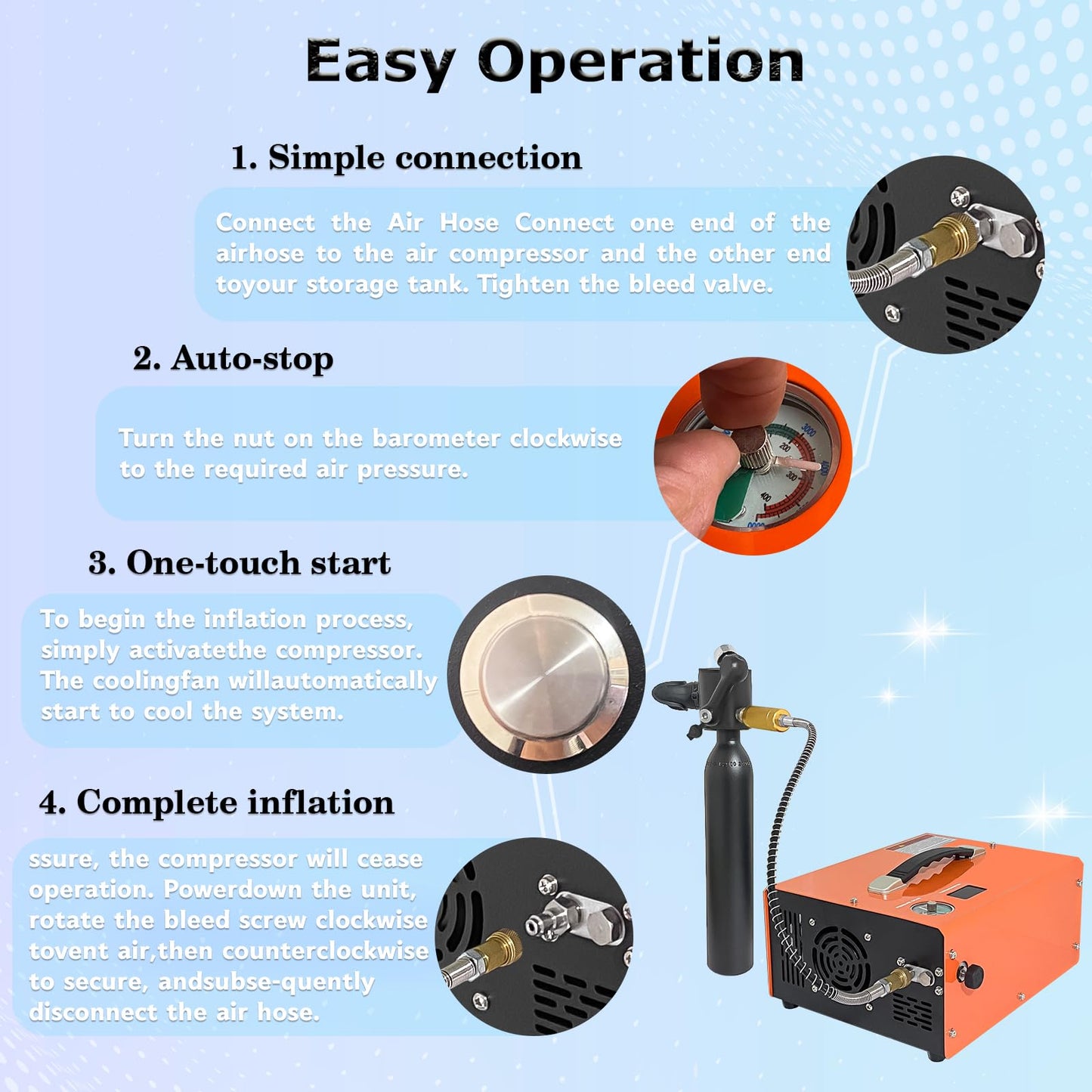 Nuoge PCP Air Compressor with Auto-Stop, Portable 4500Psi High Pressure Pump, Built-in Transformer, Oil-Free PCP Pump for Airgun Paintball Tank, 110V AC/12V DC