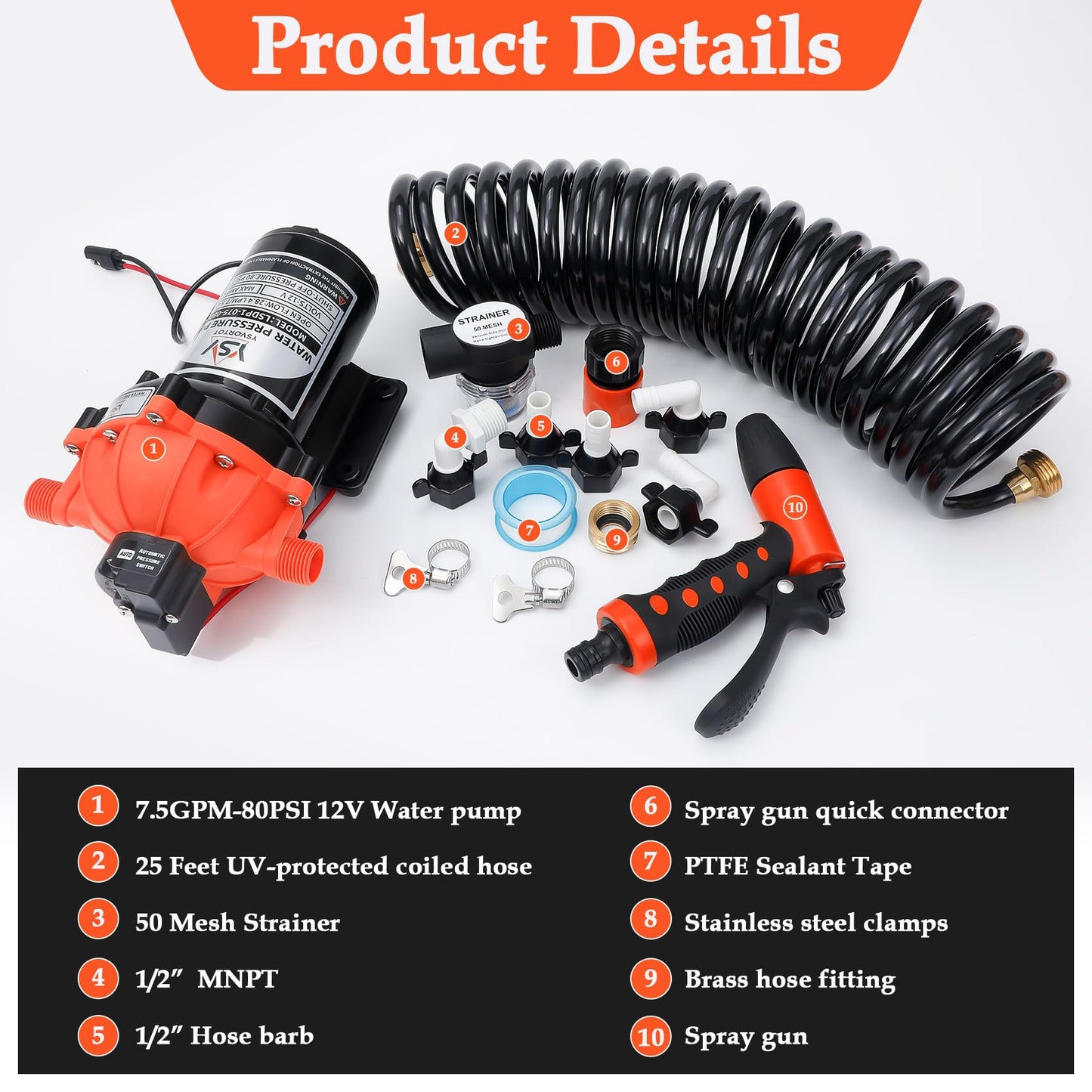 80PSI 7.5 GPM Washdown Deck Wash Pump Kit - 12V Self-Priming Marine/RV Water Pump with Strainer & Pressure Switch, for Boats, Yachts, Campers, Travel Trailers & Sprayers
