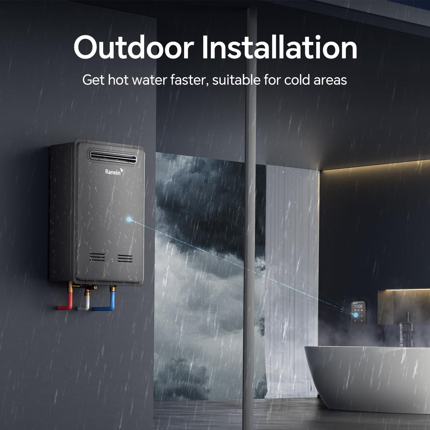 Ranein Natural Gas Tankless Water Heater, Outdoor Max 8.5 GPM, 190,000 BTU Instant Hot Water Heater