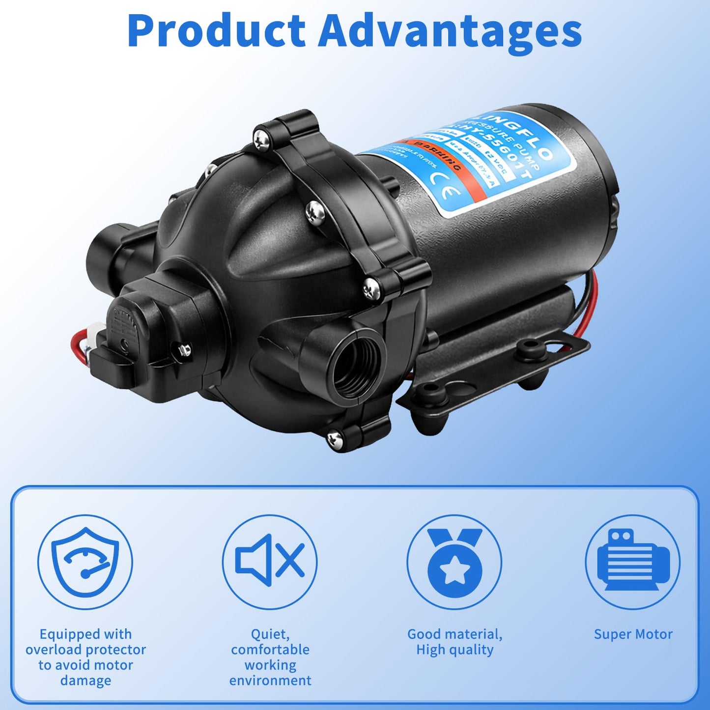 12V DC Diaphragm Pump - 5.5 GPM, 60 PSI Self-Priming, On-Demand Water Pump with Heavy Duty Pressure Switch, Operating Quiet, Ideal for RV, Boat, Marine