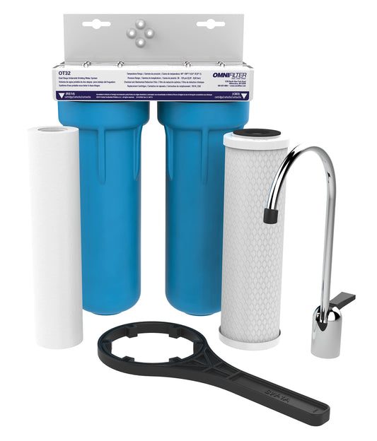 Pentair OMNIFIlter OT32 Water Filtration System, 10" Premium Dual-Stage Undersink Filter System, NSF Certified to Reduce PFOA/PFOS, Includes Dual Housings, RS14 and CB3 Cartridges and All Hardware