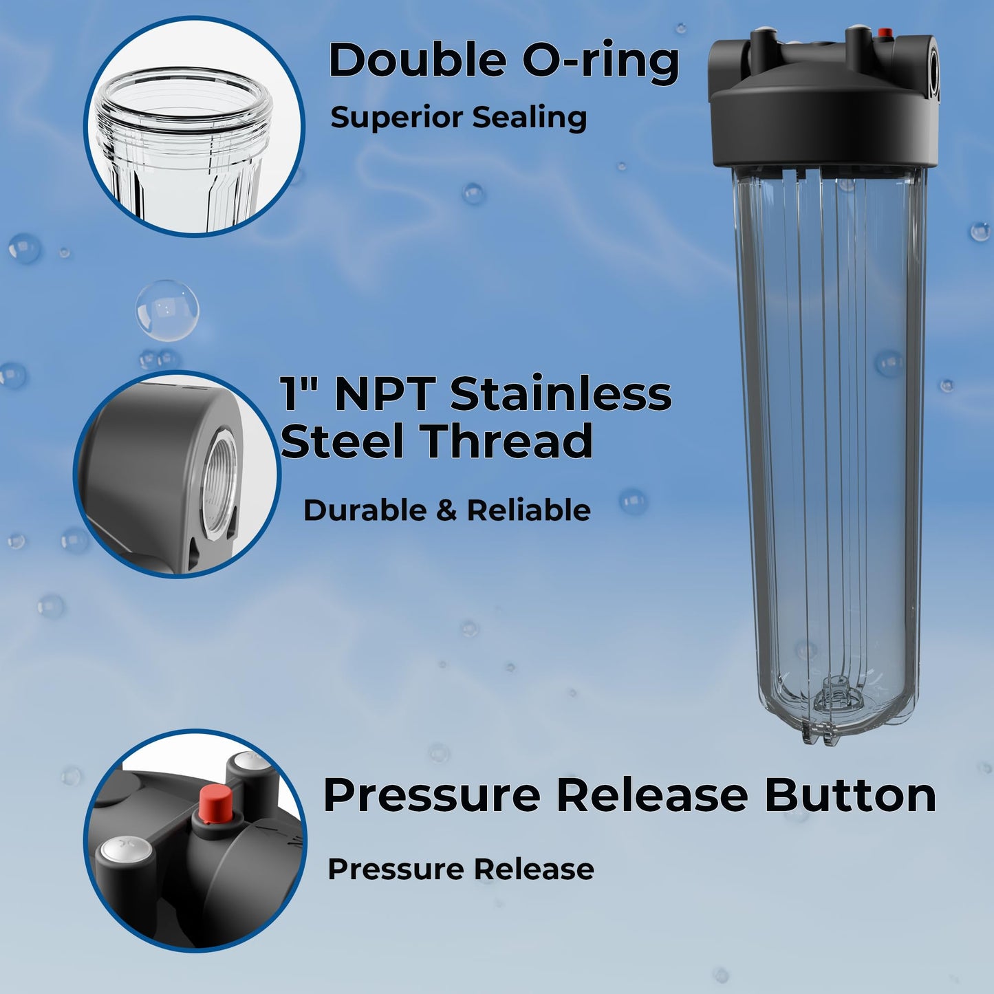 Purcooflow 20" x 4.5" Whole House Water Filter Housing – 1" NPT Stainless Steel Ports, Heavy Duty Clear Filter Sump – Double O-Ring Leak-Proof with Pressure Release Valve – Fits All 20x4.5 Filters