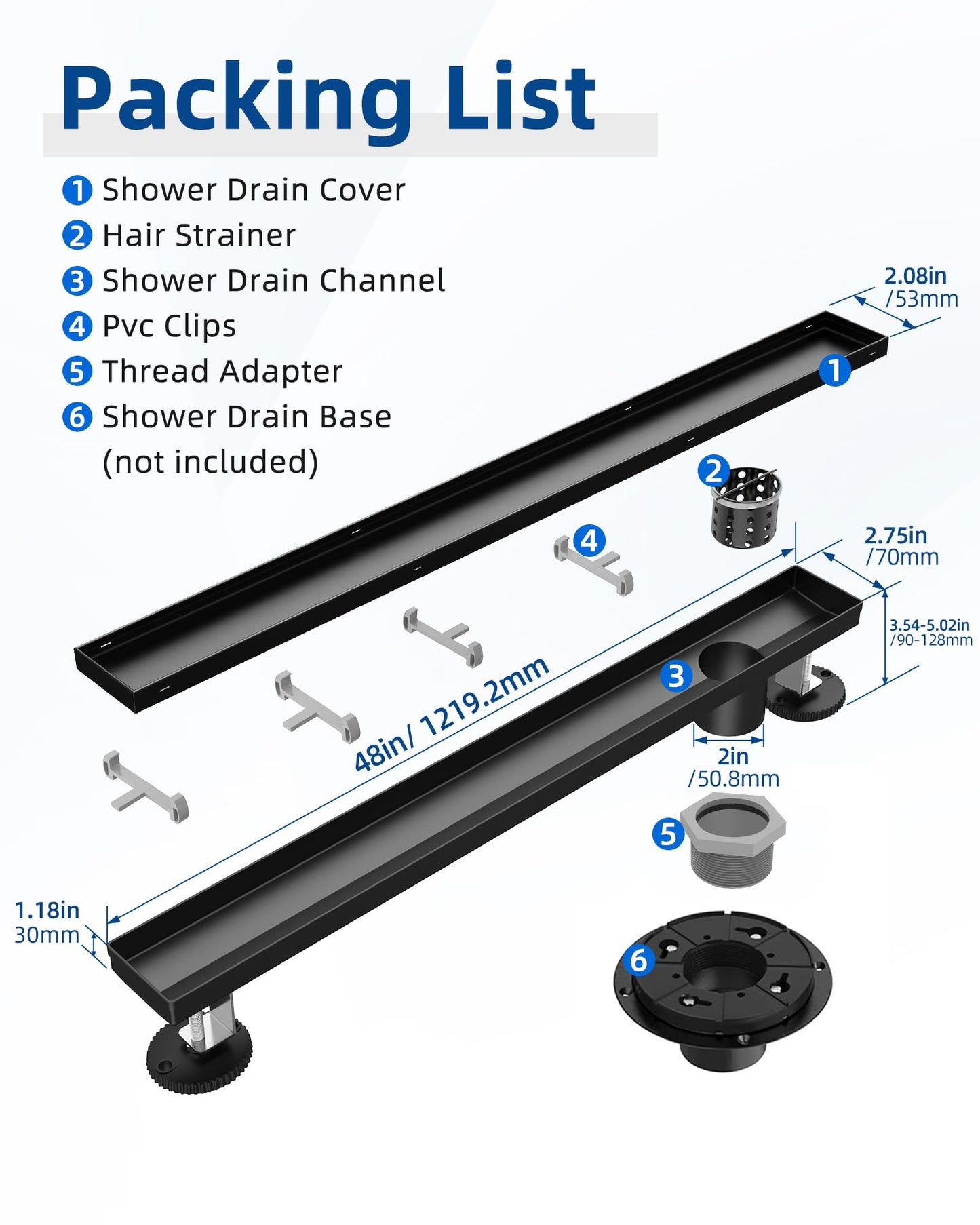 HTOH Shower Drain Offset Outlet for Bathroom: 48-Inch Black Linear Shower Drain with Removable Tile Insert Grate - 304 Stainless Steel Rectangular Shower Floor Drain Side Outlet with Hair Catcher