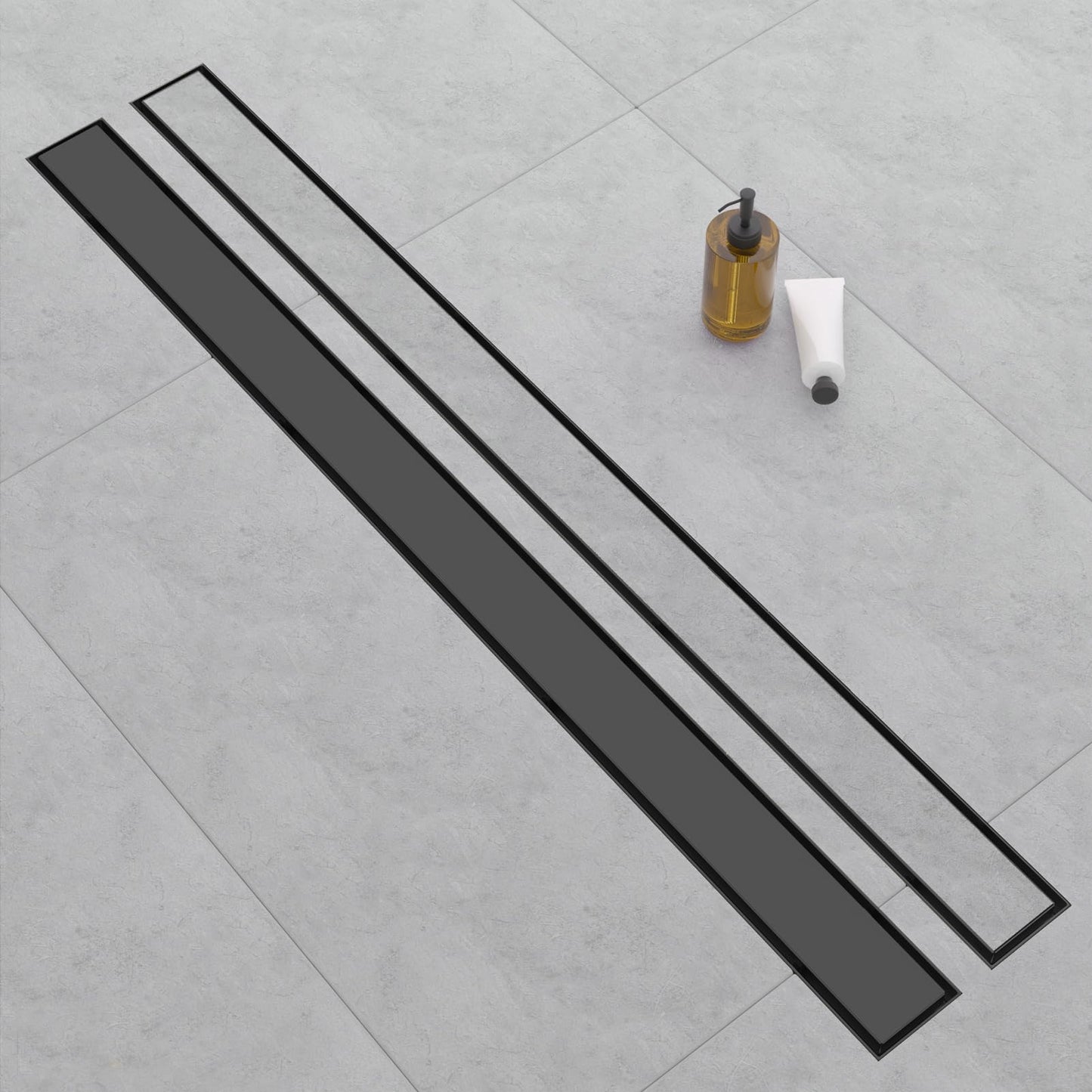EBYTE Linear Shower Drain, 48 Inch Matte Black 304 Stainless Steel Shower Drain with Tile Insert Panels, Long Rectangle Shower Floor Drain with Adjustable Feet, Hair Catcher, Fits Bathroom, Balcony