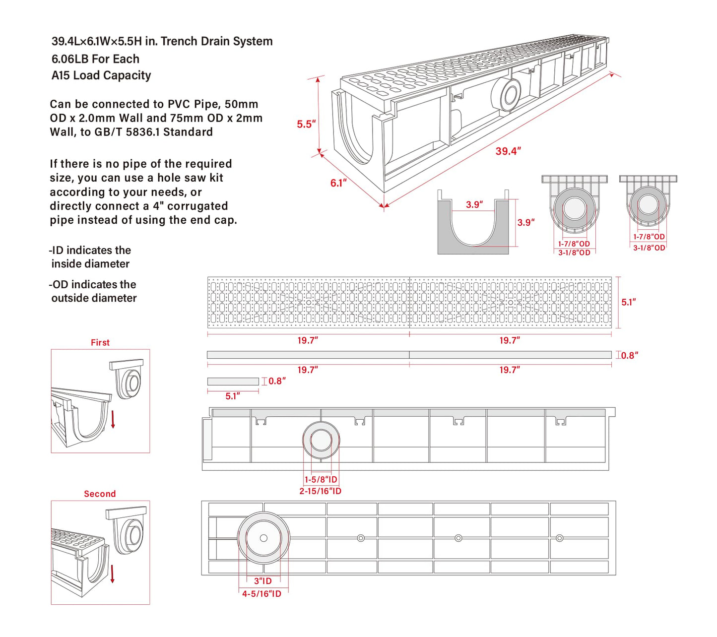 Natotela A15 Deep Profile HDPE Trench Drain-39.4Lx6.1Wx5.5H in. Channel Drain with Grates,6 Pack Total Length 236.22 in, Plastic Yard Drainage System for Outdoor,Yard Fence,Pool,Sidewalk,Patio