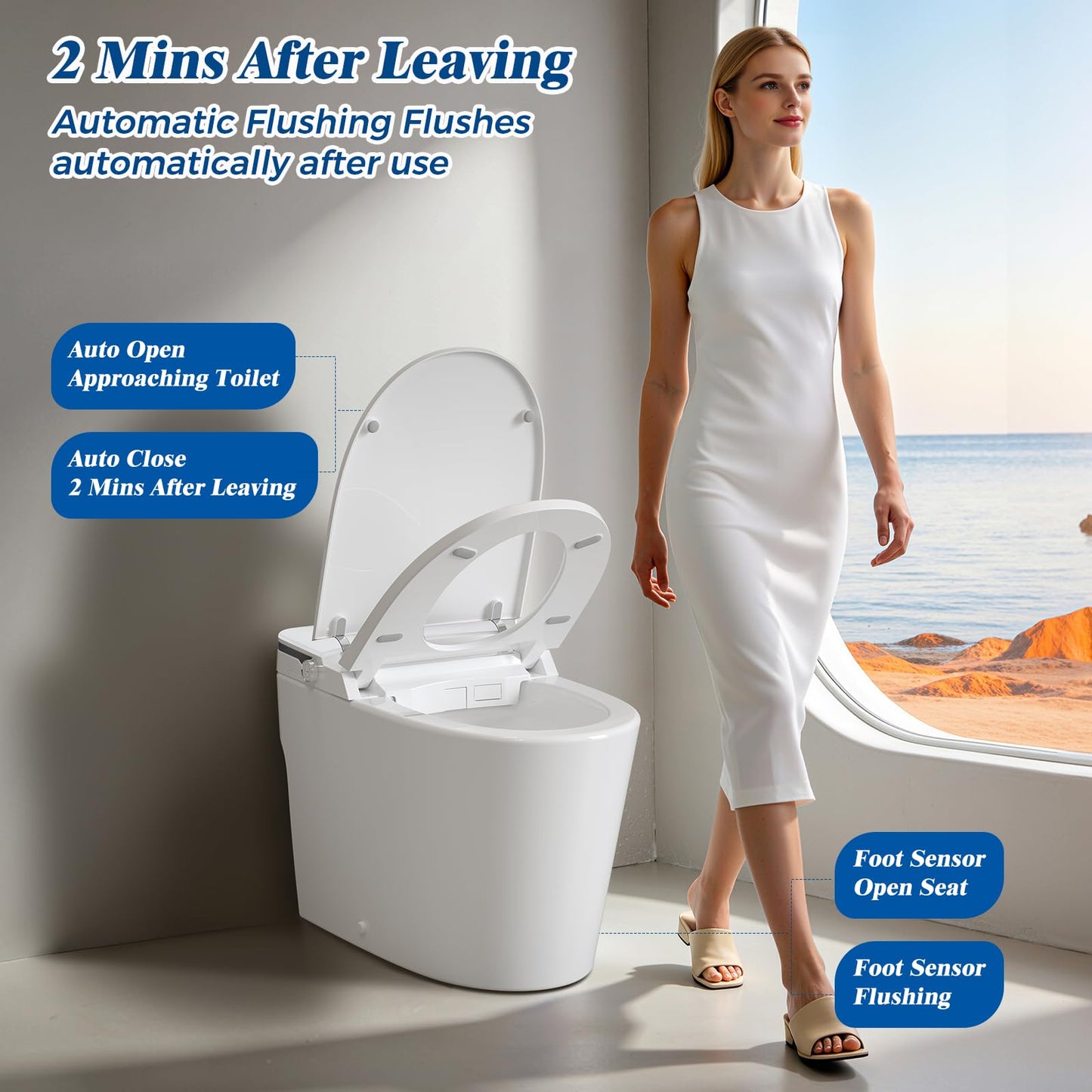 CLIRASS Smart Toilet with Bidet, Electric Bidet Toilet with Auto Powerful Flush, Auto Open/Close, Foot Sensor, Heated Elongated Seat (ADA Comfort Height), Night Light, Deodorization Remote (White)