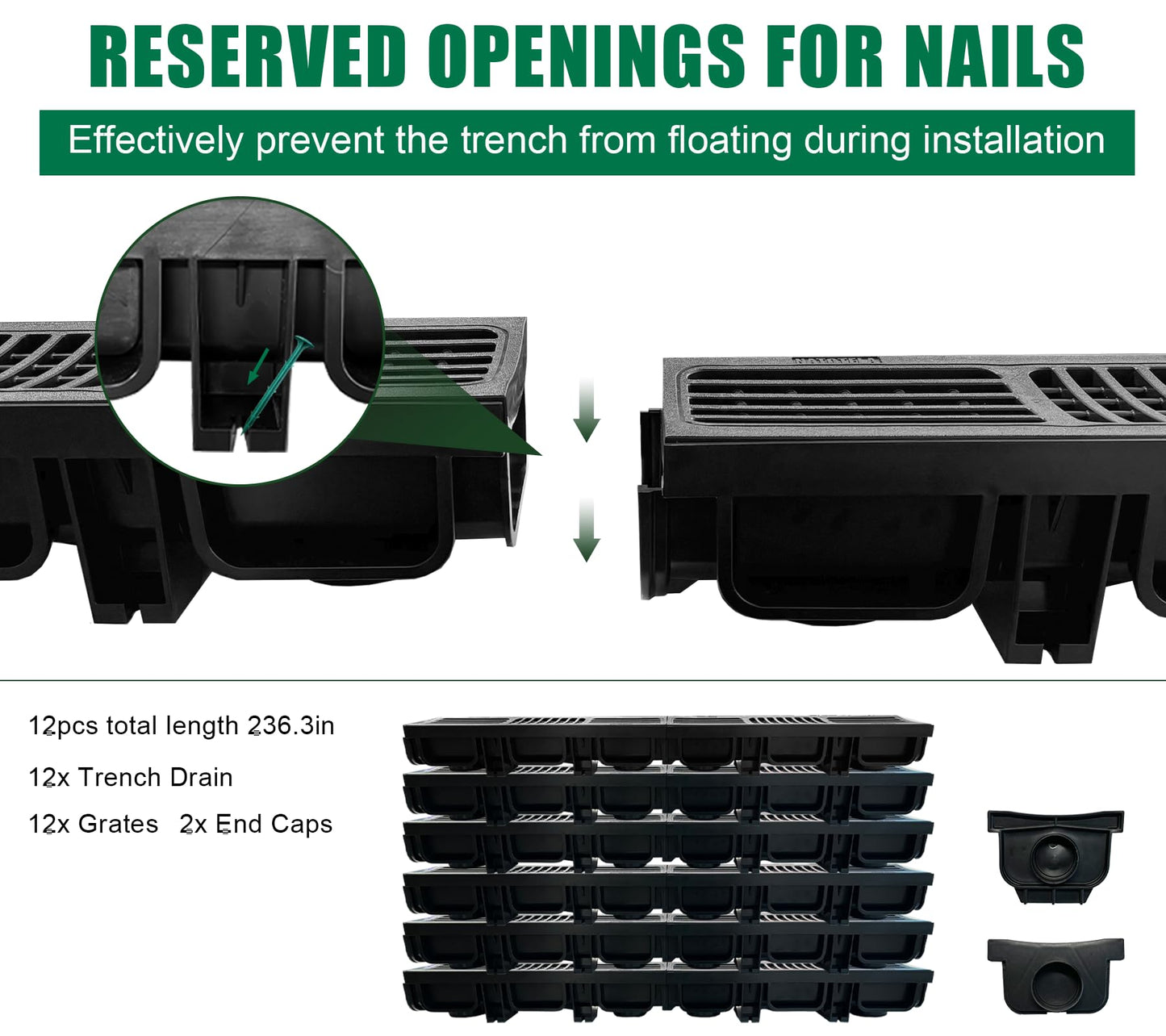 Natotela B Class Driveway Channel Drain with HDPE Grate-19.7Lx5.5Wx3.9H in. Shallow Profile Trench Drain System,12 Pack Total Length 236.22in,Heavy Duty Trench Drain for Garage,Parking Lot,Concrete