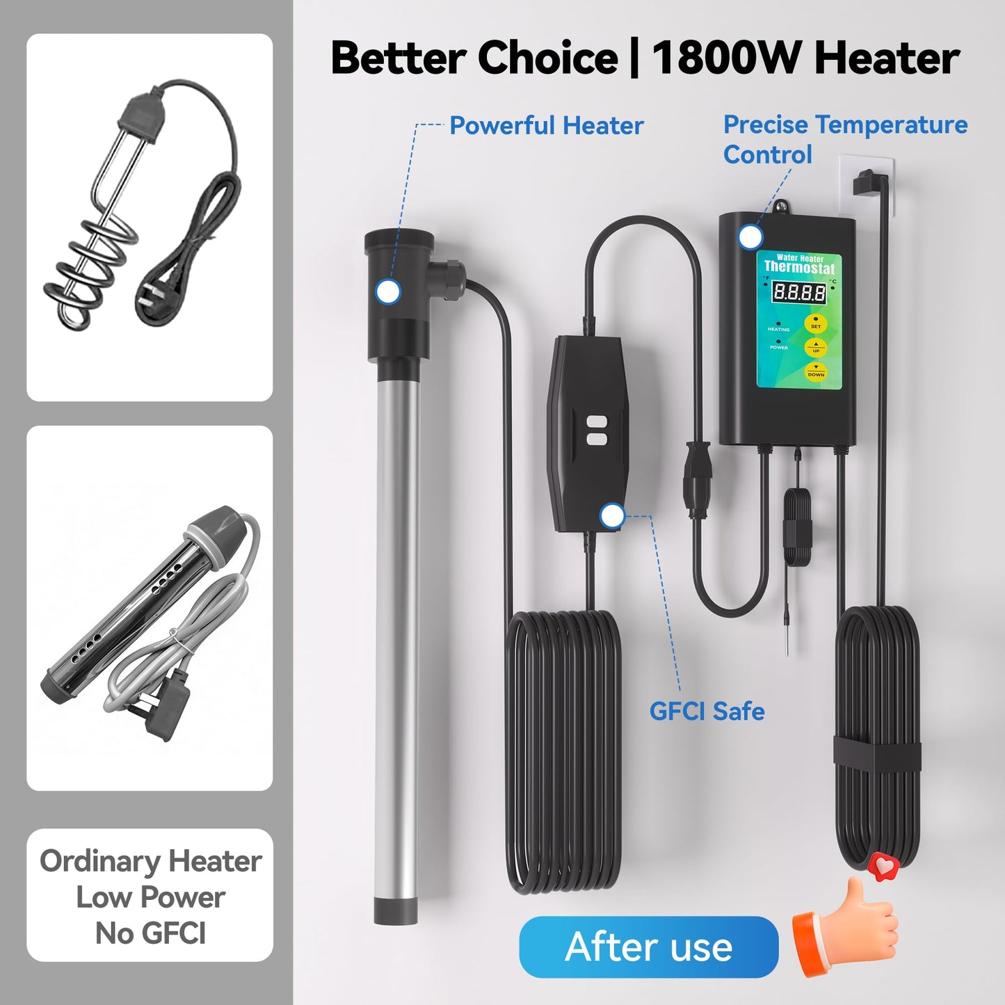 1800W Immersion Heater for Hot Tub, 304 Stainless Steel Submersible Immersion Heater with GFCI & Digital Thermostat, for Bathtub, Home SPA, Camping, Baptistery, Medium Stock Tank, Outdoor Use