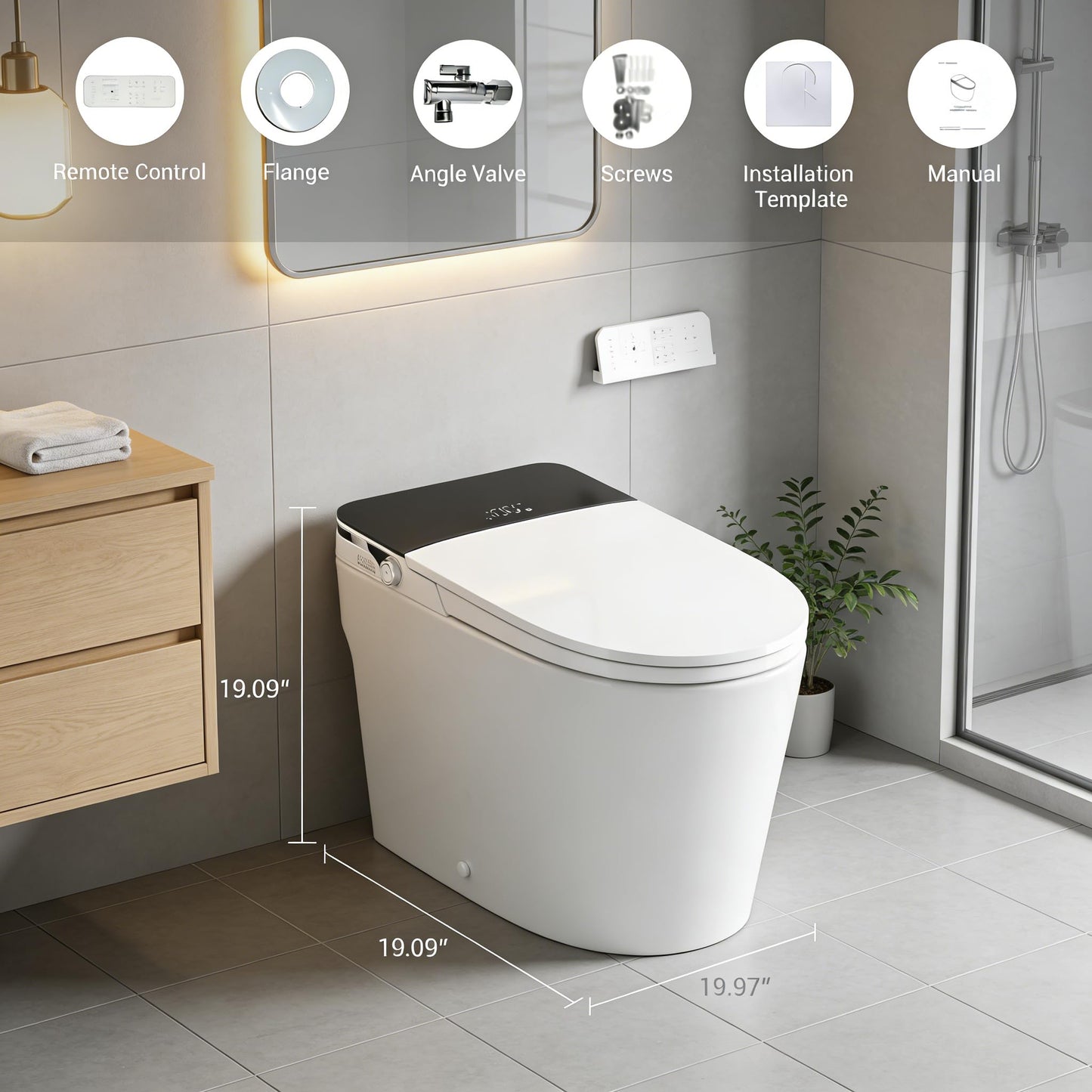 ADA Smart Toilet with Bidet, Auto Open Close Lid, Auto Flush, Heated Seat, Instant Warm Water Wash, Warm Air Dryer, Foot Sensor Flush, Low Pressure Tank Pump, Remote, Black Display