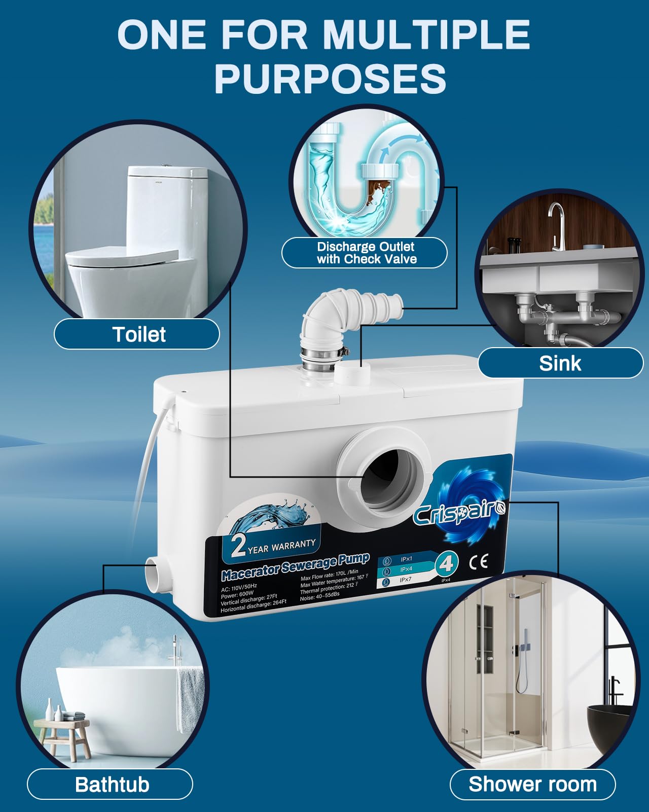 Crispaire 600W Macerator Sewerage Upflush Pump - 33Ft/328Ft, 170L/Min Flow for Basement Toilet, Sink, Shower, Kitchen, Laundry - 4 Water Inlets, Residential, 110V CE