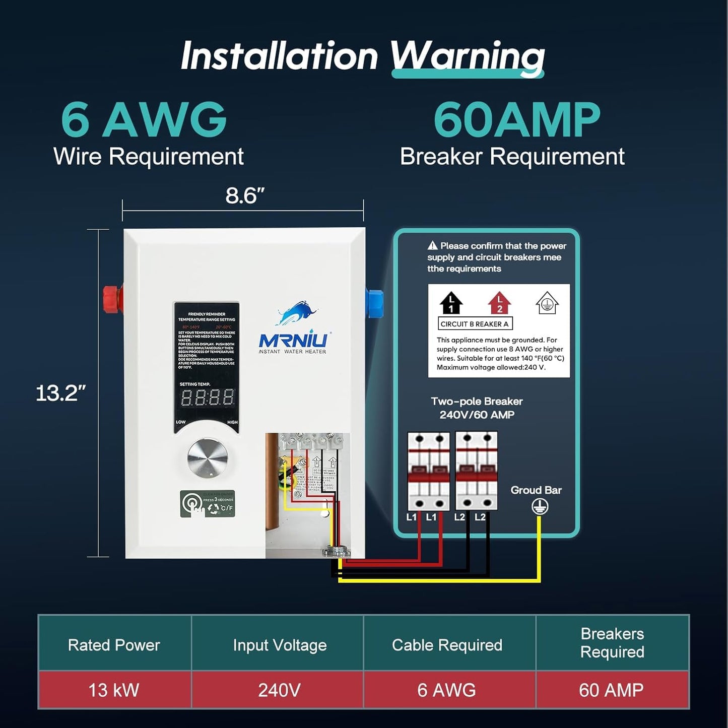 24Kw 220V Electric Tankless Water Heater, LED Temperature Display, On-Demand Instant Hot Water, Space-Saving Design for Whole House Shower – Endless Hot Water Supply for Residential Use