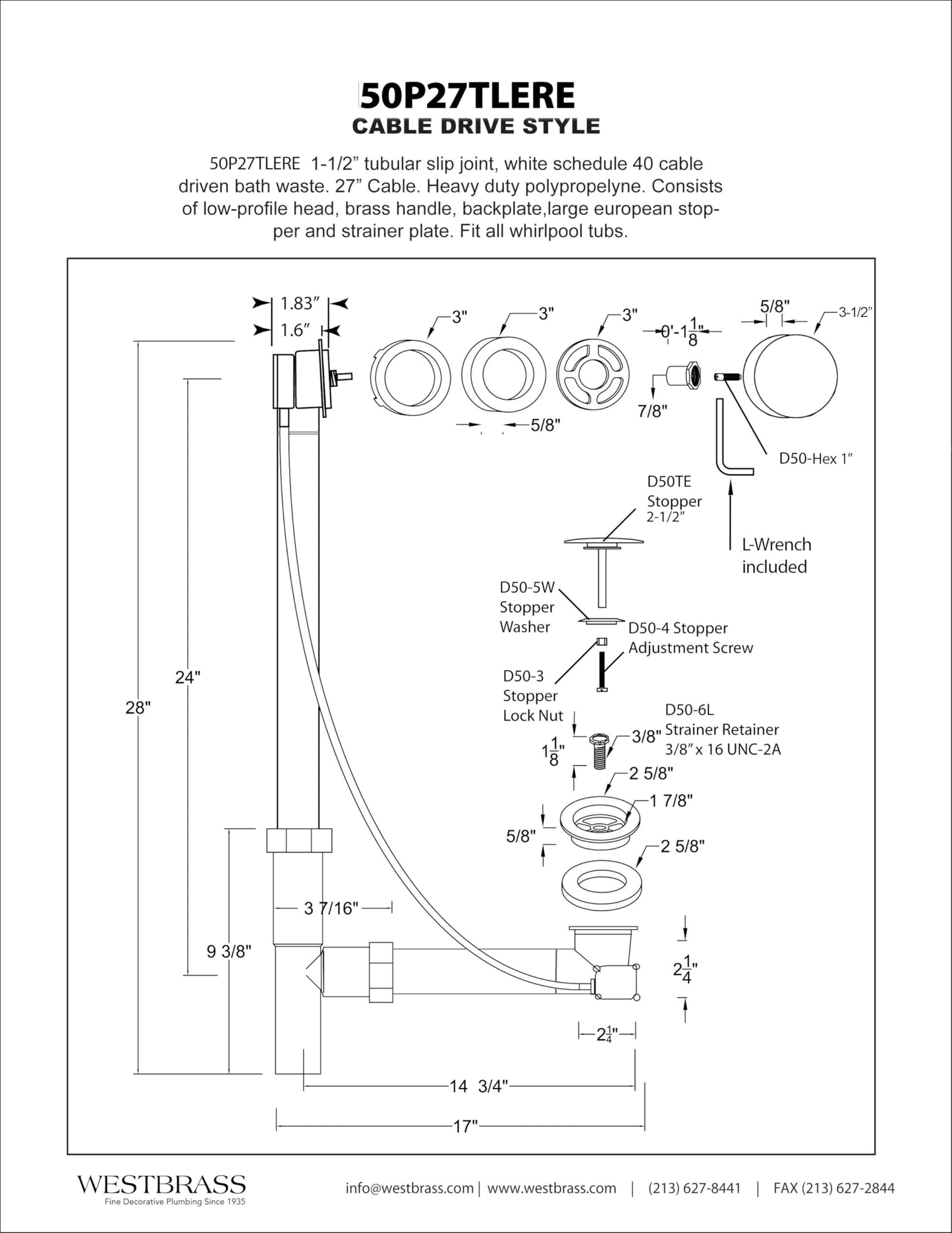 Westbrass A50P27TLERE-05 27" Cable Drive Bath Drain Trim Kit with Rotary Overflow Cover Knob, Pop-Up Stopper and Poly Tubular Pipes & Fittings, Polished Nickel