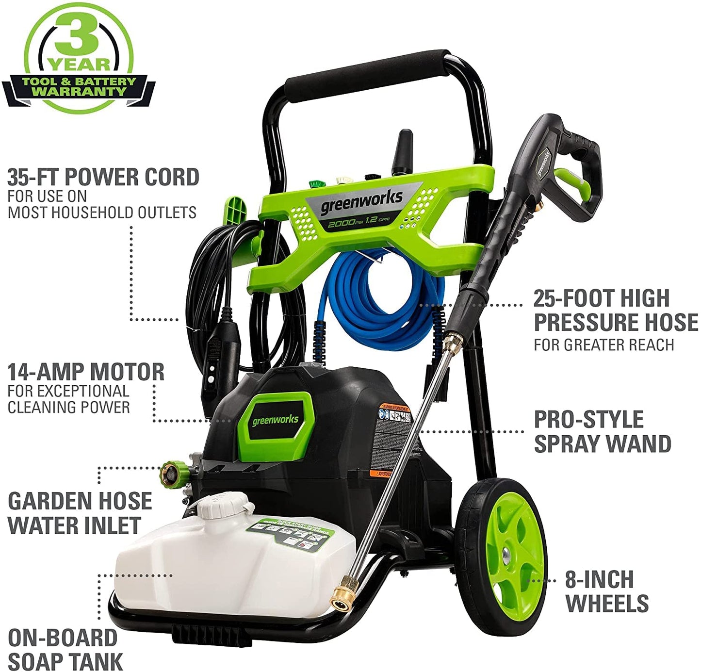 Greenworks 2000 PSI (1.2 GPM) Electric Pressure Washer, Steel Wand, On-Board Soap Tank (25°, 40°, Soap, and Turbo Nozzle)