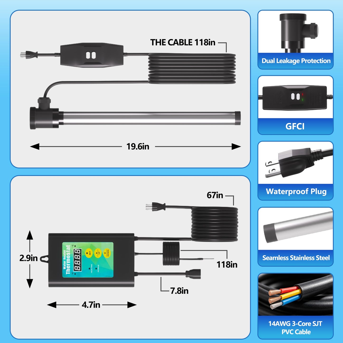 3500W Immersion Heater for Large Pool & Commercial Heater, Stainless Steel Submersible Immersion Heater with GFCI & Thermostat, for Large Above Ground Pool, Extra Large Stock Tank, Commercial Use