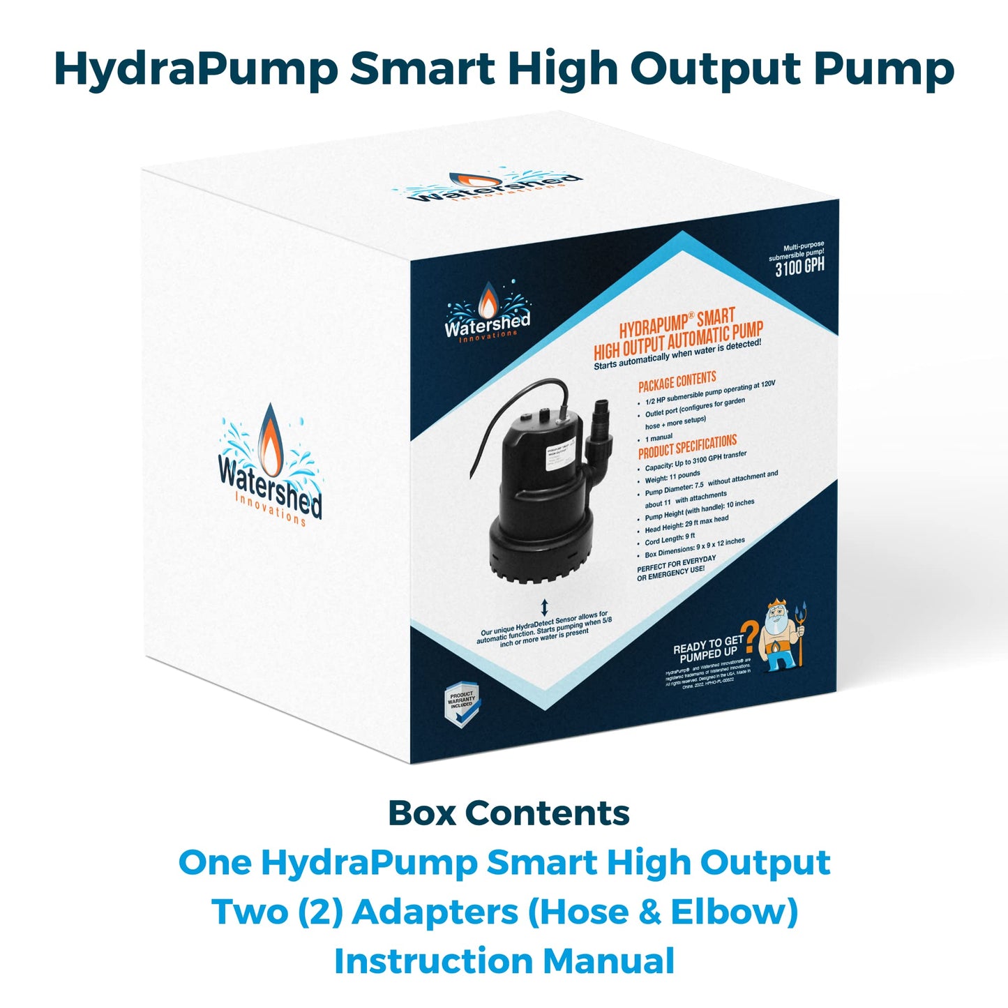 Watershed Innovations HydraPump Smart High Output Automatic Pump - Submersible Water Pump - Pool Cover Pump - Portable Electric Pump - HydraDetect Technology for Automatic Operation