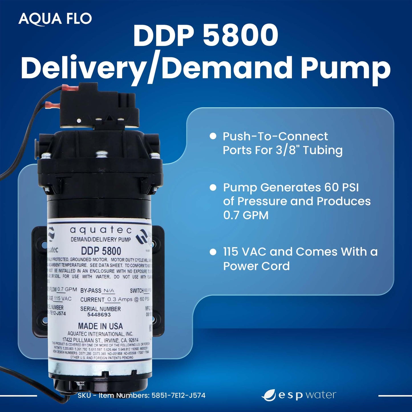 Aquatec DDP 5800 RO Delivery Demand Pump, 0.7 GPM, 3/8-Inch Quick Connect, 120V – High Flow Rate, Durable, Compact, Quiet, Compatible with Most Tank-Based Reverse Osmosis Systems 5851-7E12-J574