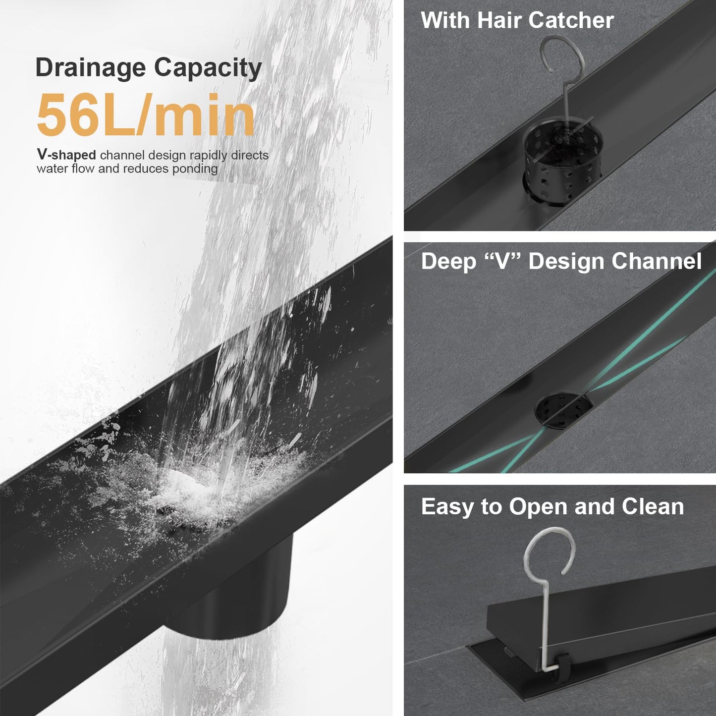 EBYTE Linear Shower Drain, 48 Inch Matte Black 304 Stainless Steel Shower Drain with Tile Insert Panels, Long Rectangle Shower Floor Drain with Adjustable Feet, Hair Catcher, Fits Bathroom, Balcony